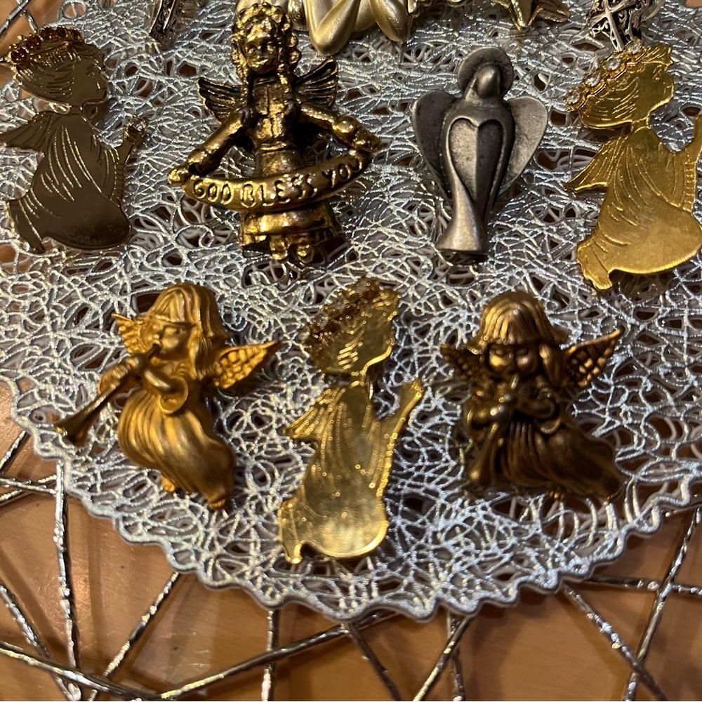 Set of 10 gold & bronze angel & religious Christian pins, earrings, brooch